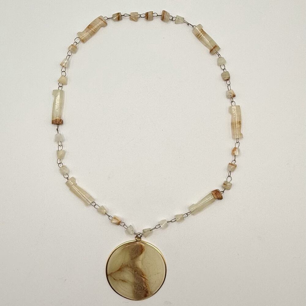 Carved Natural Stone Medallion Necklace Large Round Pendant Artisan Calcite? 21”